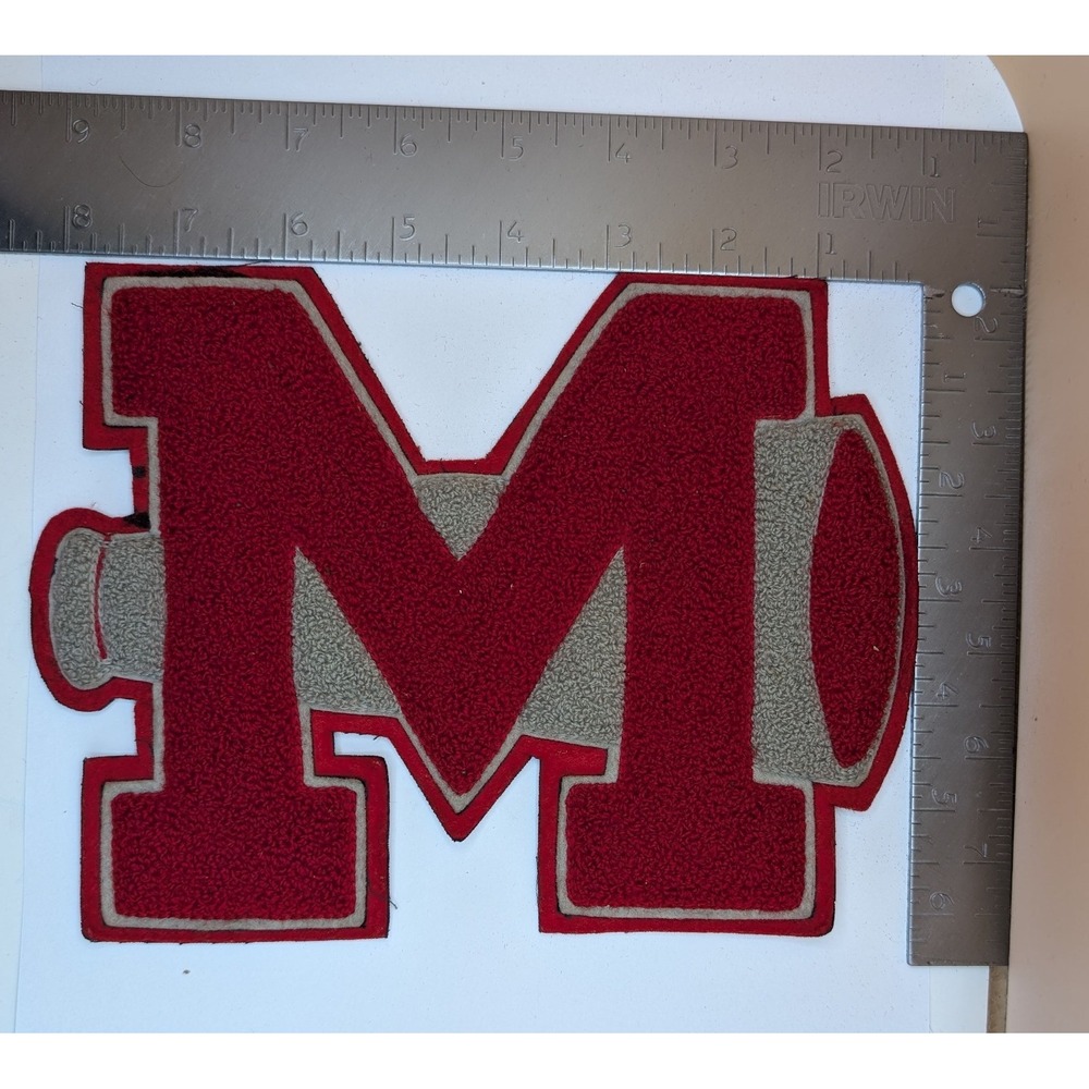Vintage Varsity Letter M Cheer Letterman Jacket Patch Megaphone Chenille Red